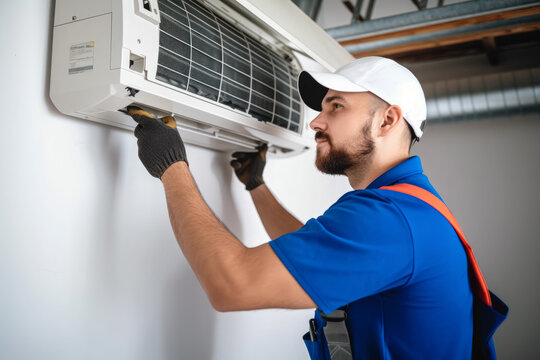 HVAC technician installing a mini split air conditioner in West Jordan