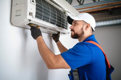 360_F_621046421_Vcay4nYa8ozdeodOQVDfES6MRrC6N3b8 Air conditioning technician servicing a wall-mounted AC unit in West Jordan, UT