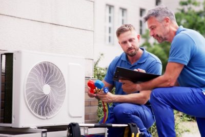 ac-installation-in-claremont-ca HVAC technicians reviewing an outdoor air conditioning unit in West Jordan, UT